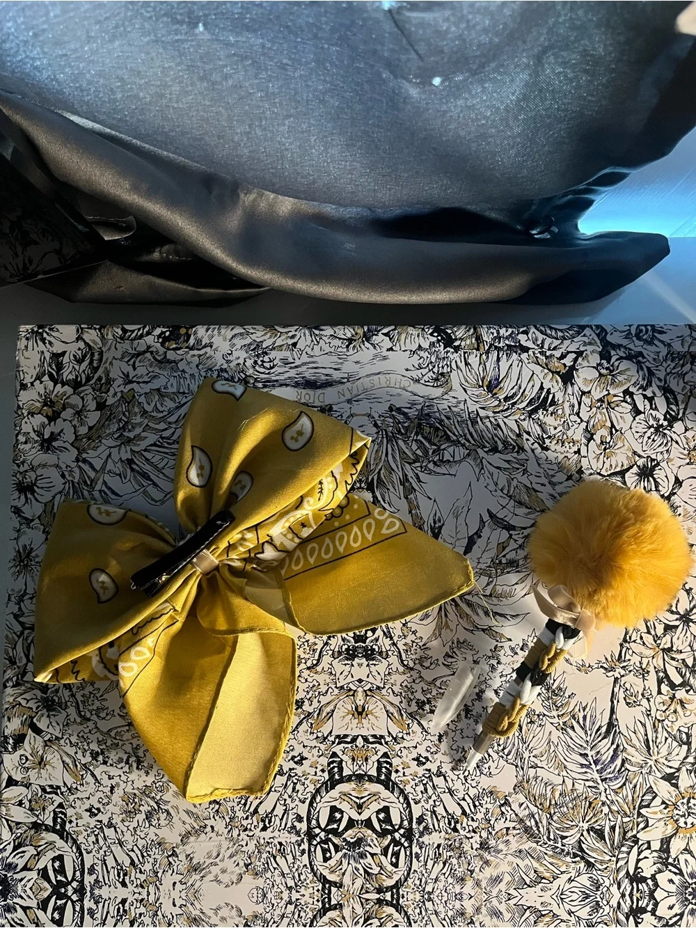 Handmade Yellow Bandana Hair Bow with Pom-Pom Pen - Kids Accessories